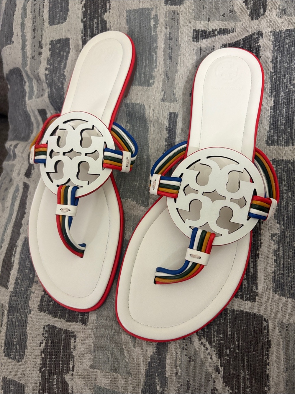 Tory Burch White Sandals with Rainbow-Strap Logo no box